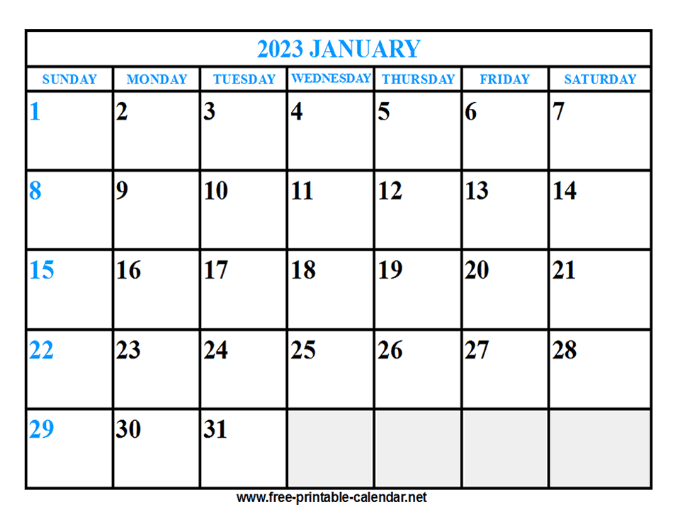 Free Printable January 2023 Calendar